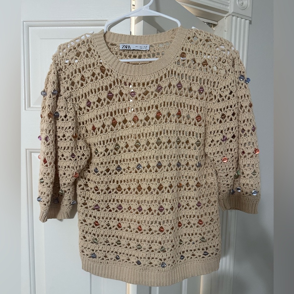 Zara Cream Crew Neck Sweater with Fair Isle Pattern size Large